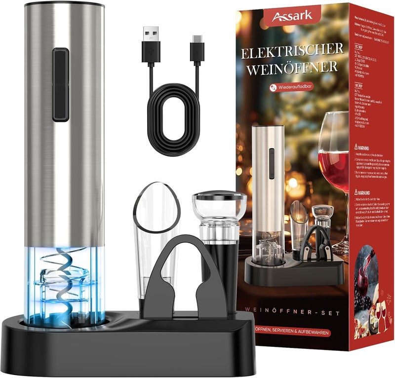 Assark Electric Wine Opener,Automatic Wine Bottle Opener Rechargeable Cordless Electric Corkscrew Wine Opener Gift Set with Wine Stopper, Foil Cutter, Wine Aerator,Storage Base & Charging Cable - Image 1